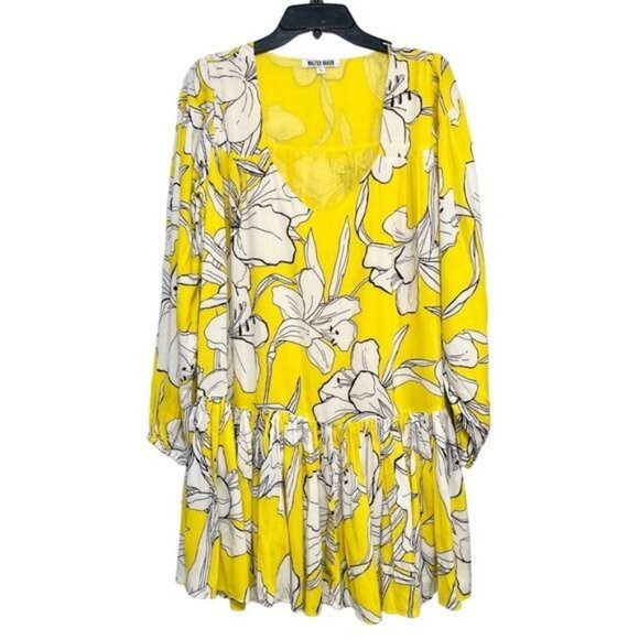 WALTER BAKER Lilith Relaxed Long Sleeve Mini Dress in Yellow Floral Print Size L - Picture 6 of 10